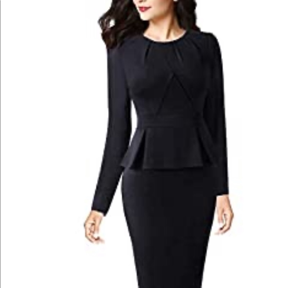 Sheath Dress Pleated Crew Neck Peplum 3/4 Sleeves
